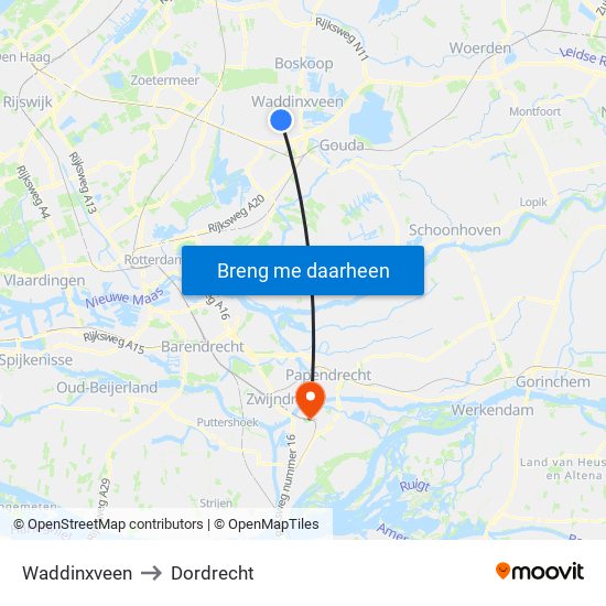 Waddinxveen to Dordrecht map