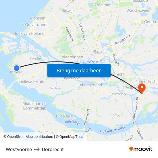 Westvoorne to Dordrecht map
