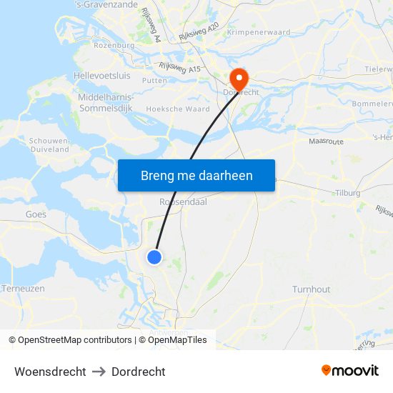 Woensdrecht to Dordrecht map