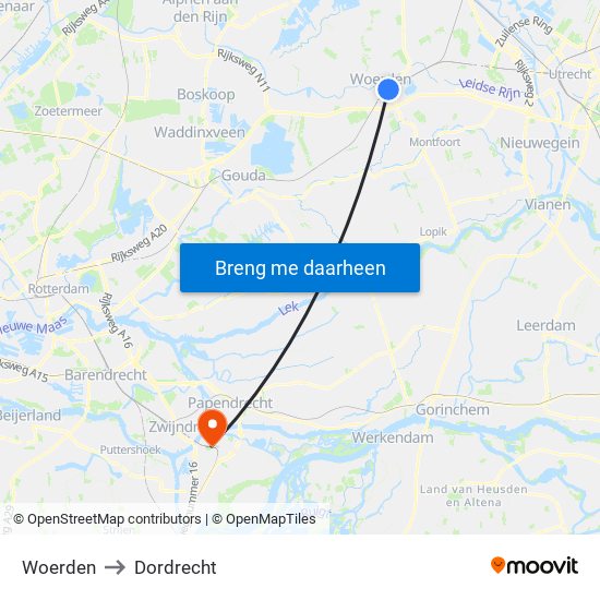 Woerden to Dordrecht map