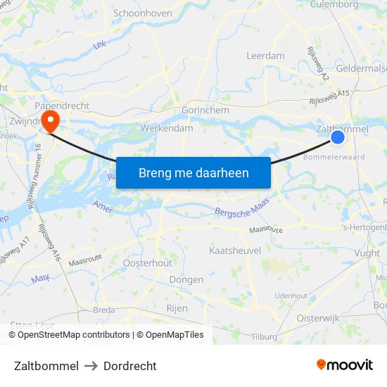Zaltbommel to Dordrecht map