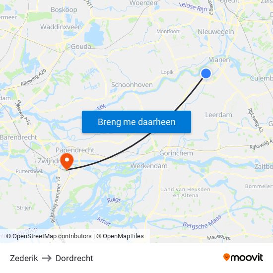 Zederik to Dordrecht map