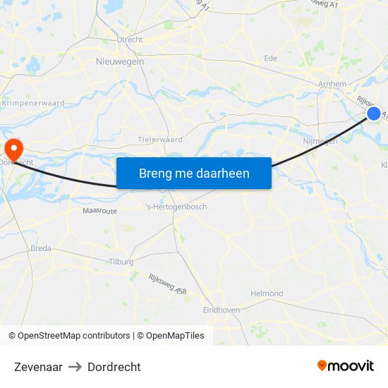 Zevenaar to Dordrecht map