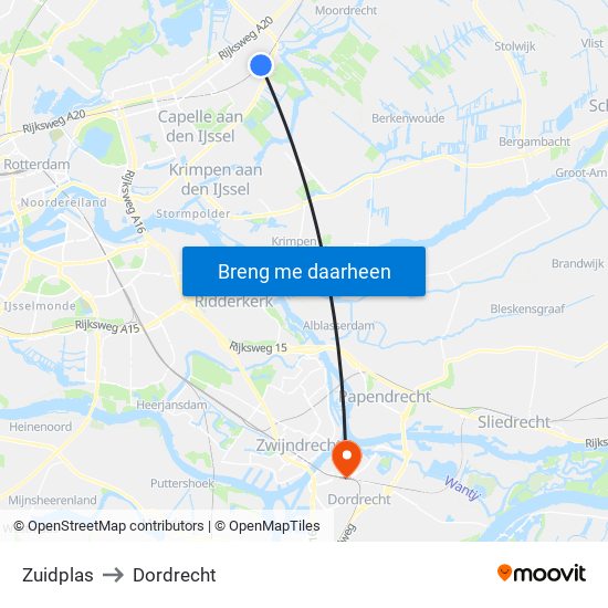 Zuidplas to Dordrecht map