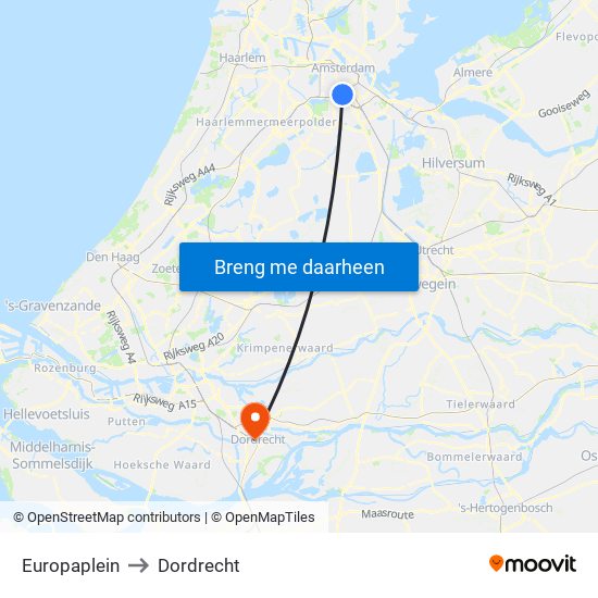 Europaplein to Dordrecht map