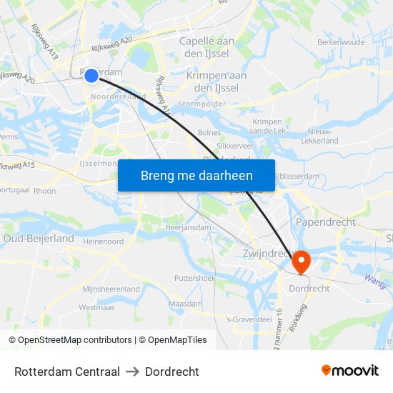 Rotterdam Centraal to Dordrecht map