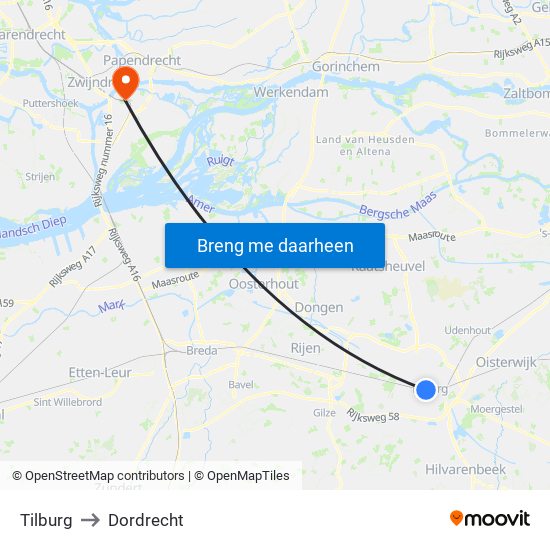 Tilburg to Dordrecht map