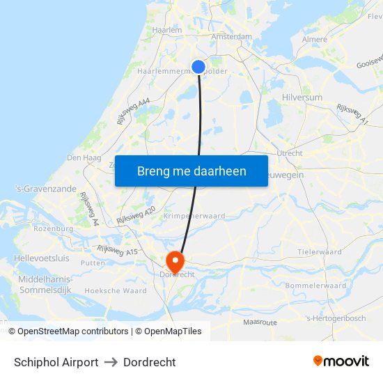 Schiphol Airport to Dordrecht map