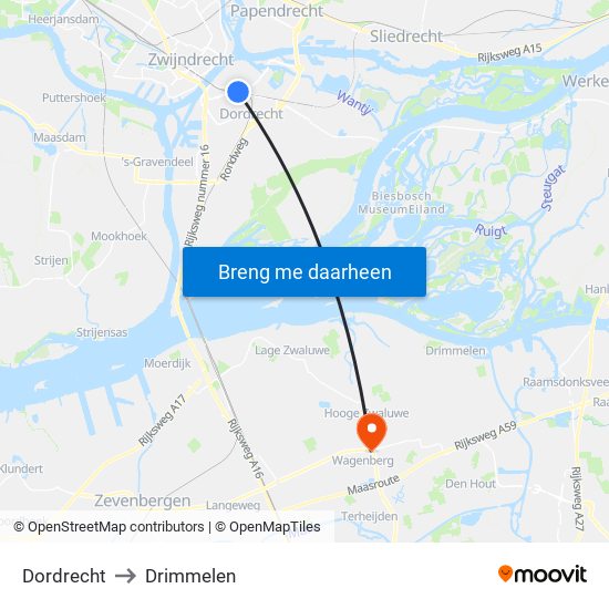 Dordrecht to Drimmelen map