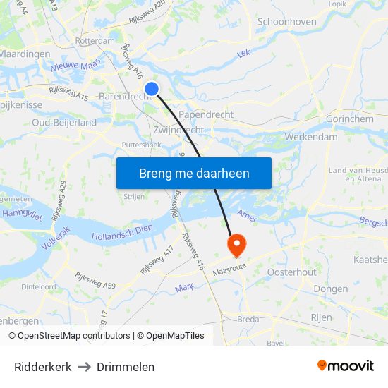 Ridderkerk to Drimmelen map
