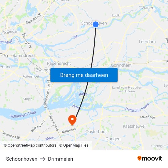 Schoonhoven to Drimmelen map