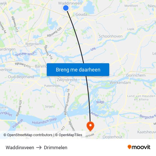 Waddinxveen to Drimmelen map