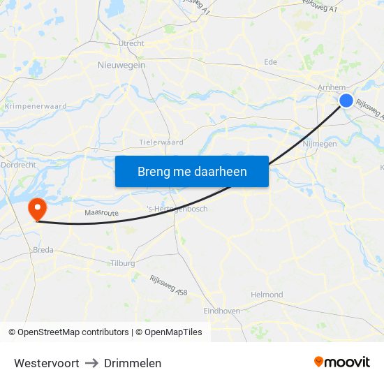 Westervoort to Drimmelen map