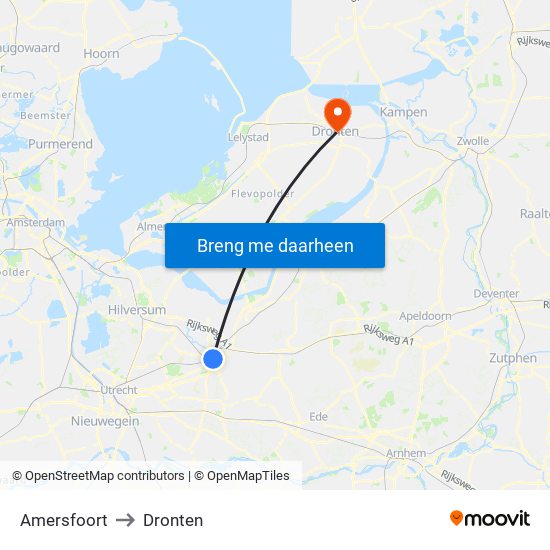 Amersfoort to Dronten map
