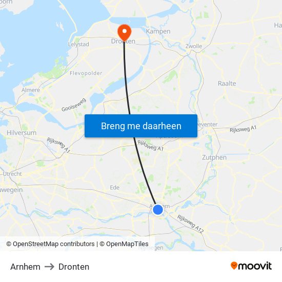 Arnhem to Dronten map