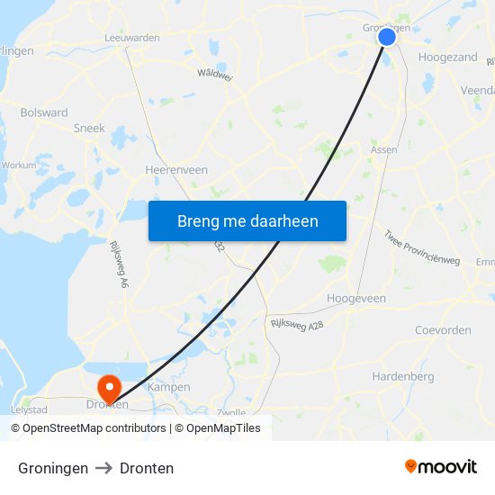 Groningen to Dronten map