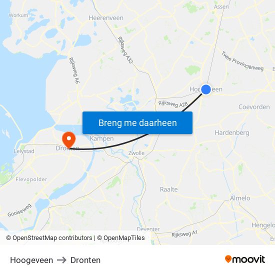 Hoogeveen to Dronten map