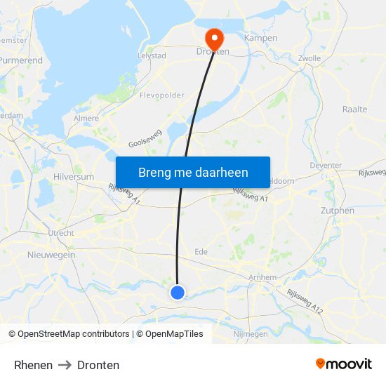 Rhenen to Dronten map