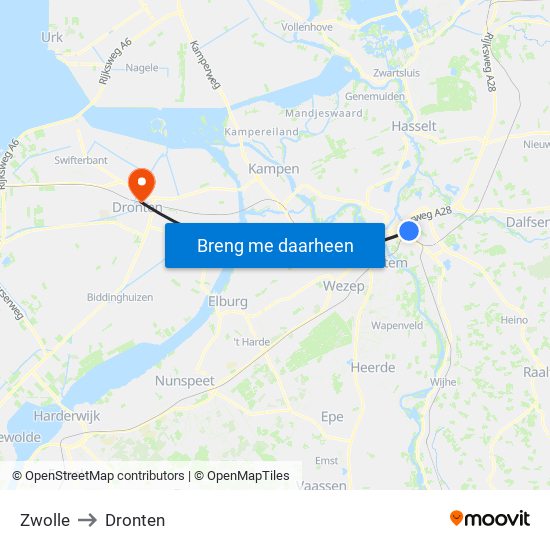 Zwolle to Dronten map