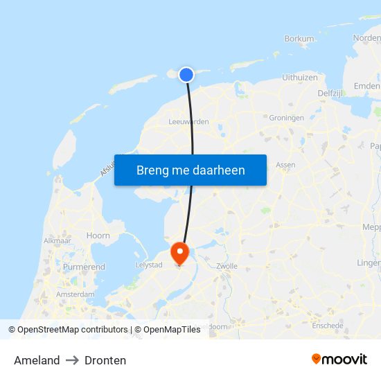 Ameland to Dronten map