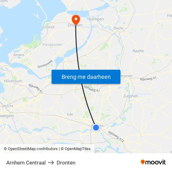 Arnhem Centraal to Dronten map