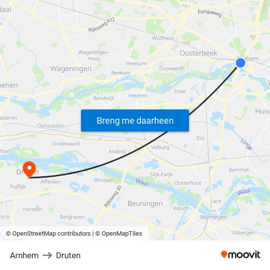 Arnhem to Druten map
