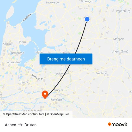 Assen to Druten map
