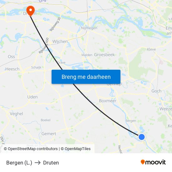 Bergen (L.) to Druten map