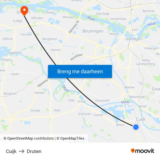 Cuijk to Druten map