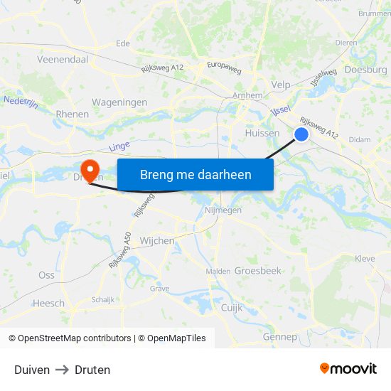 Duiven to Druten map