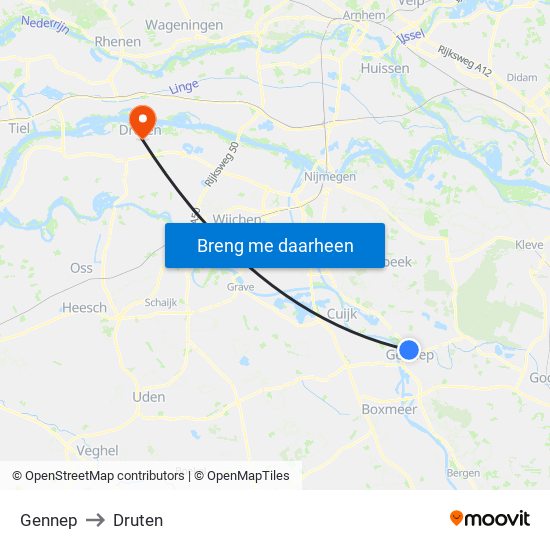 Gennep to Druten map