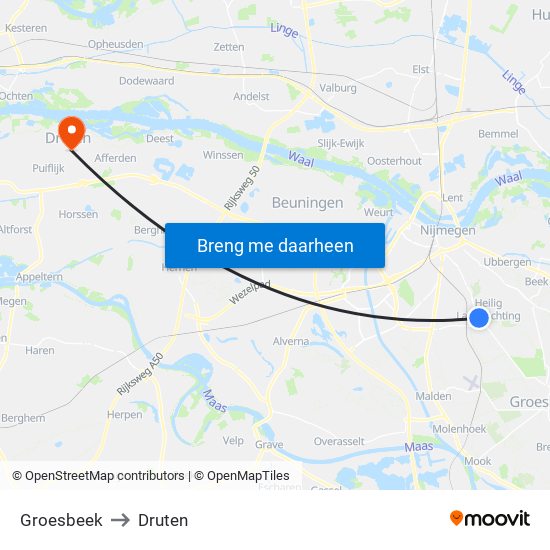 Groesbeek to Druten map