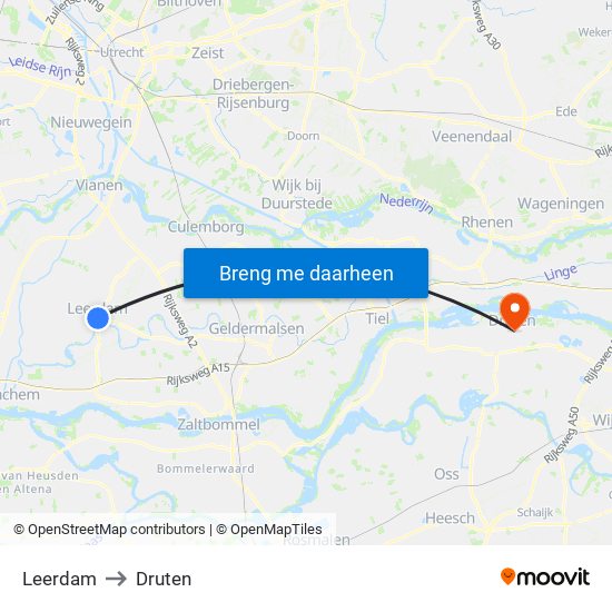 Leerdam to Druten map