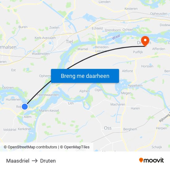 Maasdriel to Druten map