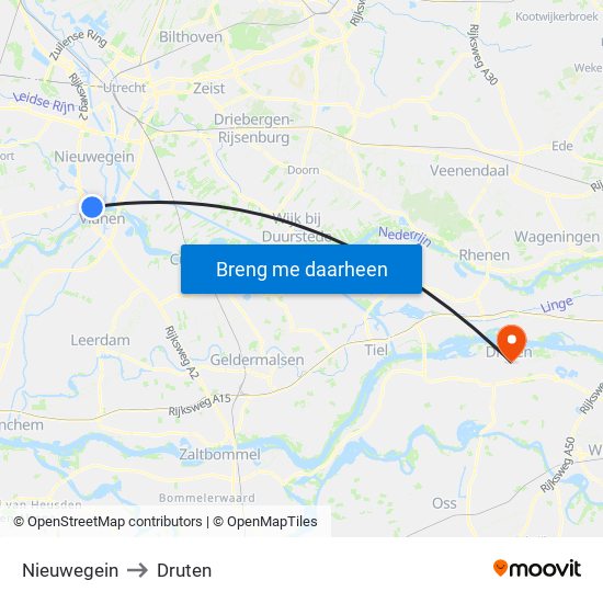 Nieuwegein to Druten map