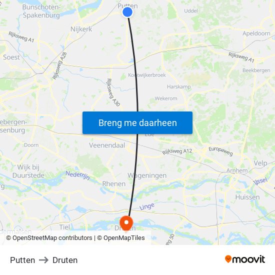 Putten to Druten map