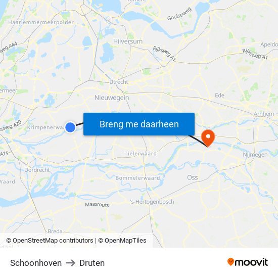Schoonhoven to Druten map