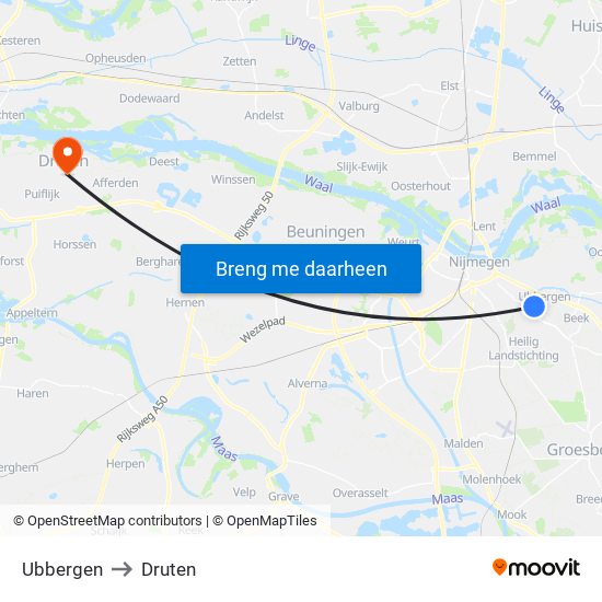 Ubbergen to Druten map