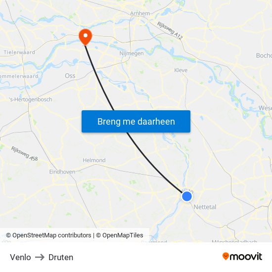 Venlo to Druten map
