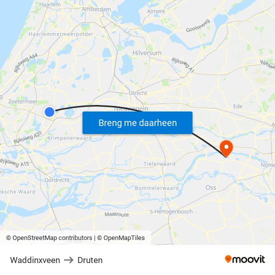 Waddinxveen to Druten map