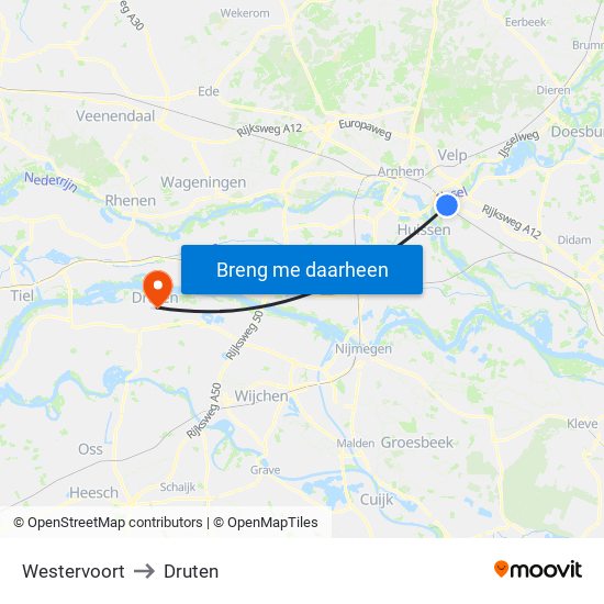 Westervoort to Druten map