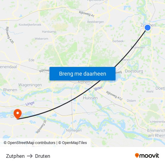 Zutphen to Druten map