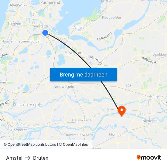 Amstel to Druten map