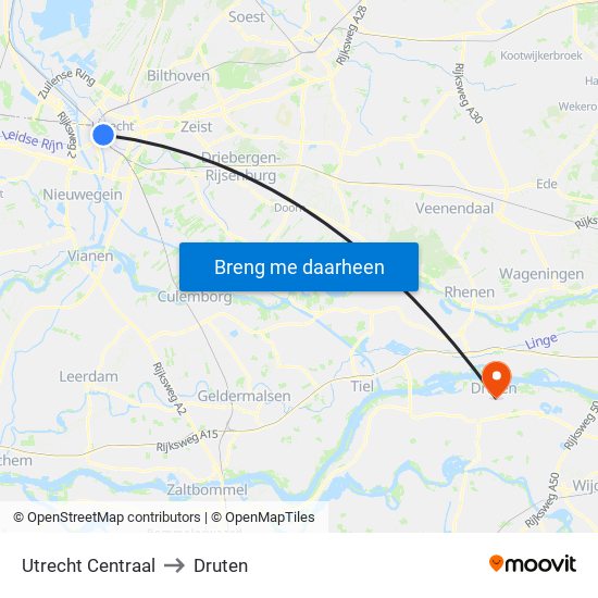Utrecht Centraal to Druten map