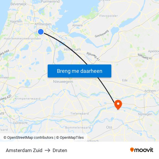 Amsterdam Zuid to Druten map