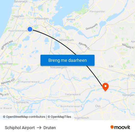Schiphol Airport to Druten map