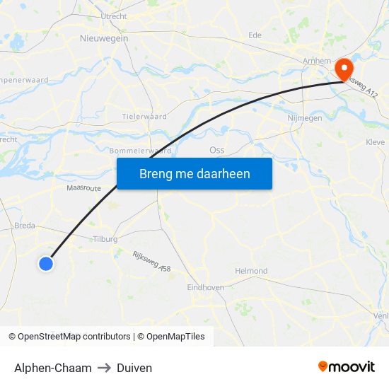 Alphen-Chaam to Duiven map