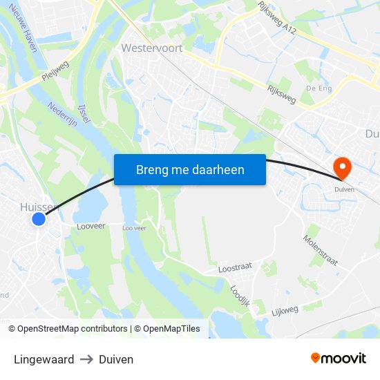 Lingewaard to Duiven map