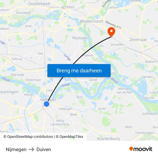 Nijmegen to Duiven map