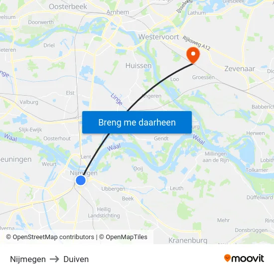 Nijmegen to Duiven map